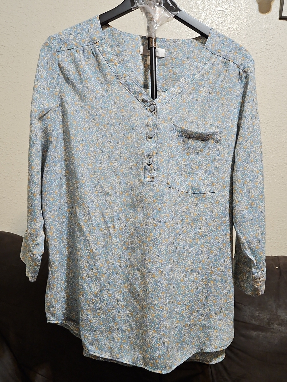 CJ Banks Pale Blue Floral Henley Tunic Top
